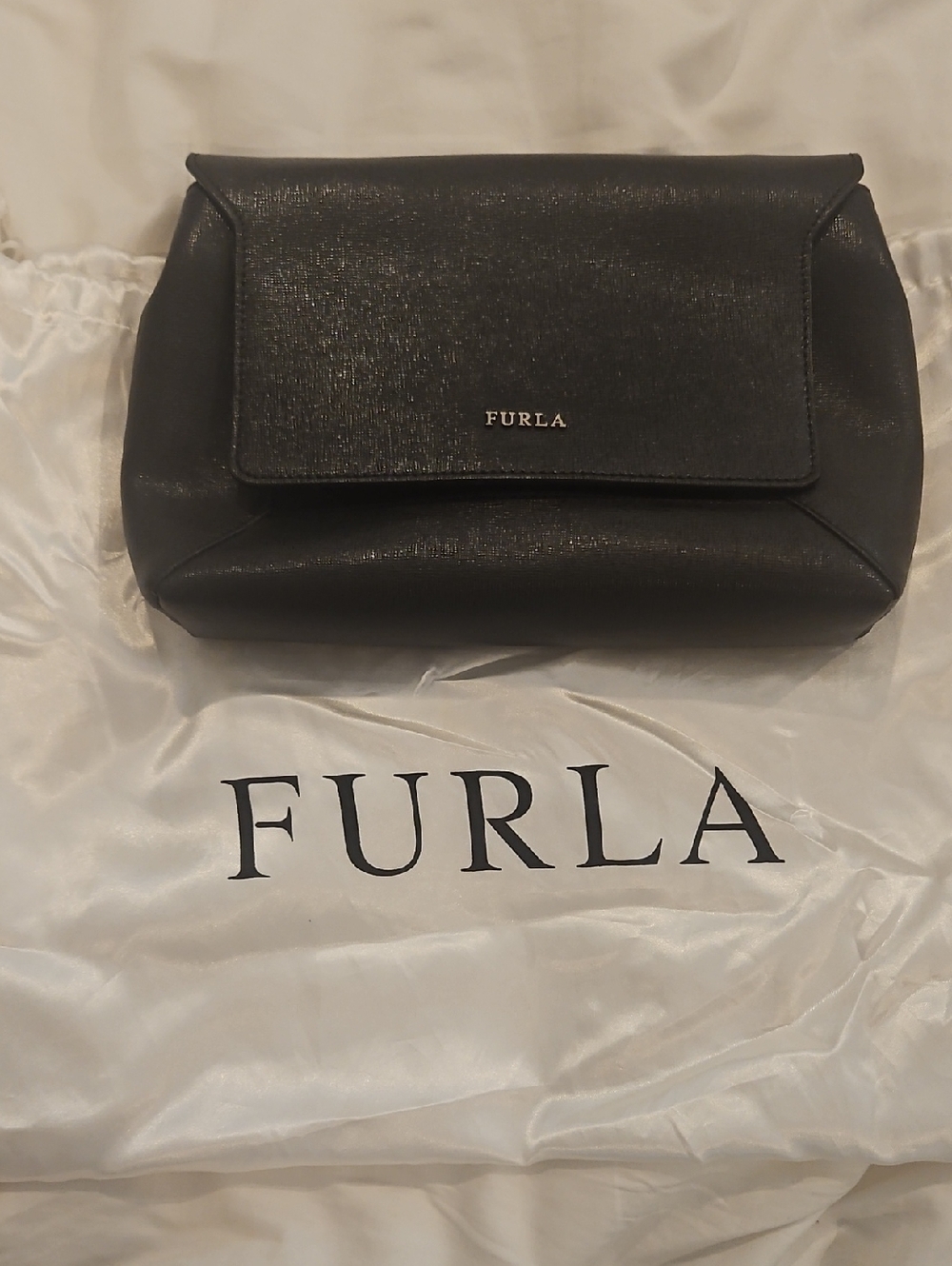 Furla Black Leather Clutch with Fold-Over Flap And Adjustable Strap